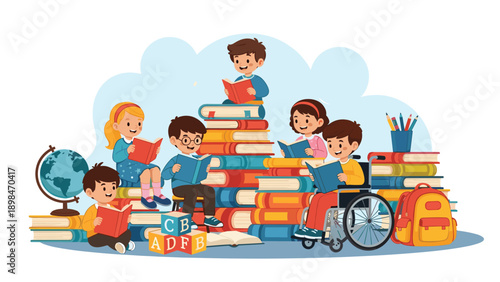 Group of diverse children of all abilities enjoy reading and playing among giant stacks of colorful books and toys.