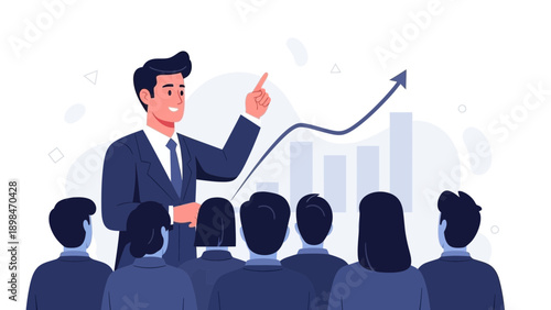 Confident businessman presenting growth chart to attentive audience, business meeting concept