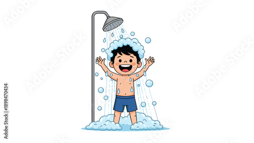 Happy young boy stands under a shower head and washes himself with lots of white soap suds and water bubbles.