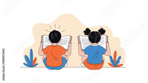 Two young children sitting on the floor while reading books together to promote literacy and early childhood education in a classroom setting.