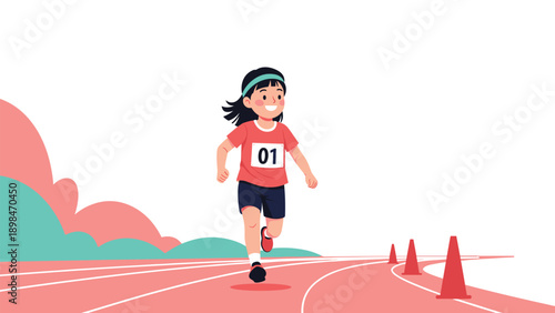 Energetic young girl athlete wearing a red shirt with number one running on a red track during a competitive sports event or race.