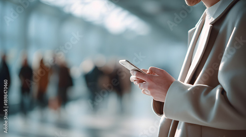 Traveler checking smartphone near airport gate with soft blurred background passengers