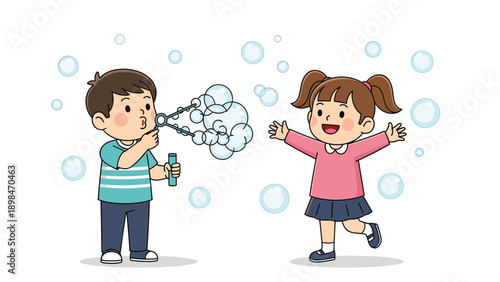 Two happy children enjoying outdoor play while blowing and catching soap bubbles in a fun and cheerful summer afternoon activity.