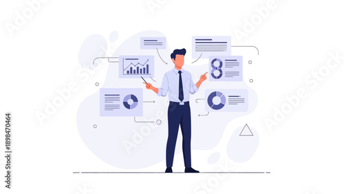Businessman presenting business data and charts with infographics, digital marketing concept