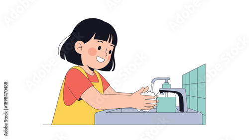 Young girl diligently washing her hands with soap at a bathroom sink to maintain personal hygiene and prevent the spread of germs.