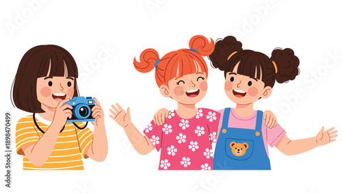 Young girl holding a blue camera while taking a picture of her two smiling friends posing together during a fun outdoor gathering.