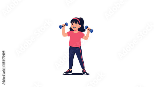 Energetic young girl athlete wearing a pink shirt and dark leggings exercising with blue dumbbells for a healthy and active lifestyle.
