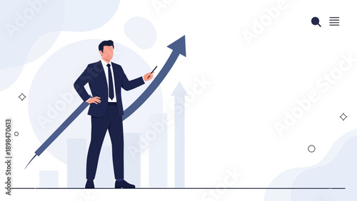 Businessman pointing at upward trending arrow graph, business growth concept