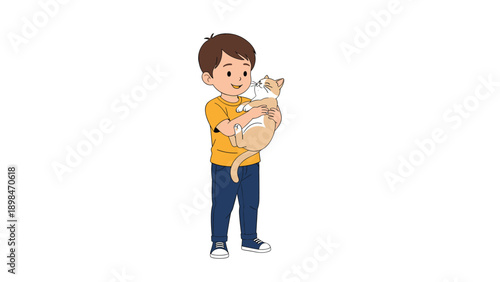Young boy smiling while affectionately holding a white and ginger cat to show the companionship and bond between a child and their pet.