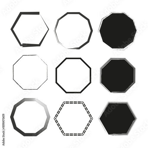 Professional hexagon frame shapes. Professional octagon border icons. Professional Geometric Vector elements. Grunge border set.