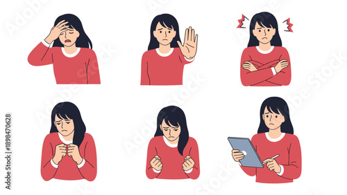 Set of six illustrations showing a woman in a red shirt expressing various negative emotions like headache, refusal, anger, and distress.
