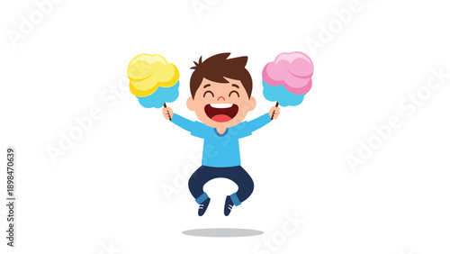 Cheerful young boy jumping with excitement while holding two colorful cotton candies on sticks in his hands during a fun festival outing.