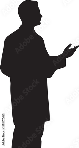 A professional male doctor, captured in a striking silhouette against a bright white background, confidently holds a clipboard and gestures with an open hand, likely explaining medical information or 
