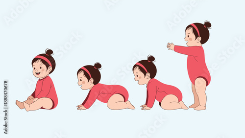 Sequence of four illustrations showing a baby's developmental stages from sitting and crawling to finally standing up on her own.