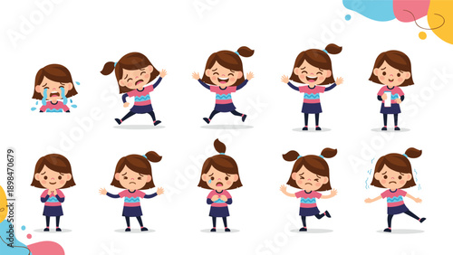 Collection of ten illustrations showing a young girl expressing a wide range of emotions from joy and excitement to sadness and fear.