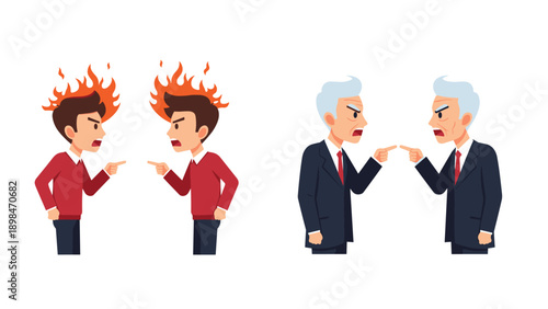 Two illustrations of men in different age groups arguing intensely and pointing fingers at each other to signify conflict and disagreement.