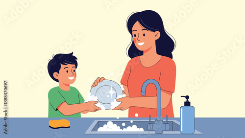 Smiling mother and her young son working together to wash and dry dishes at the kitchen sink, showing shared household chores and family bonding.