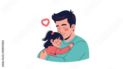 Loving father tenderly embraces his young daughter while she smiles happily in a heartwarming scene representing parental affection.