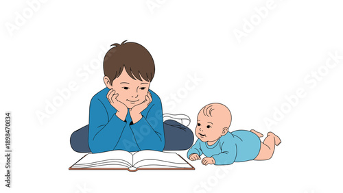 Older brother lies on the floor and reads an interesting book aloud to his curious baby sibling in a sweet moment of sibling bonding.