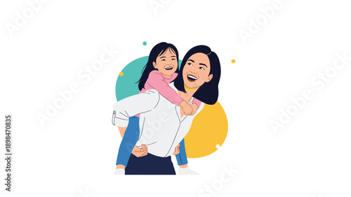 Joyful mother gives her young daughter a piggyback ride as they both laugh and enjoy a special bonding moment together.