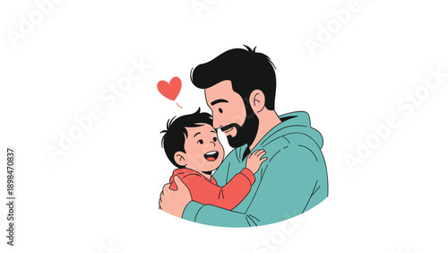 Bearded father lovingly holds his young son in his arms as they share a happy and affectionate moment together in this family scene.