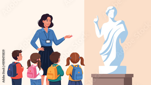 Museum tour guide explains the history of a classical marble statue to a group of young children wearing backpacks during a field trip.