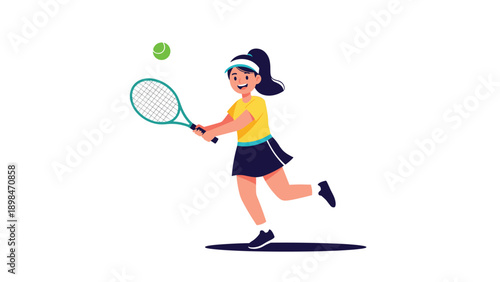 Active young girl swings her tennis racket to hit a bright green ball during an exciting tennis match or practice session.