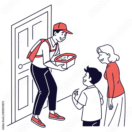 Courier delivering food to family at doorstep food delivery