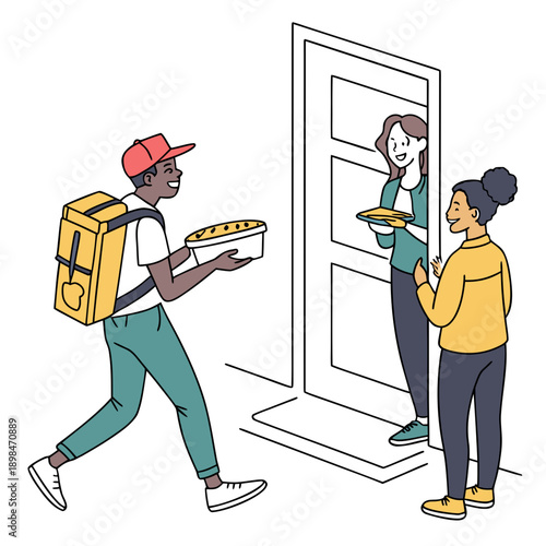 Courier delivering food to woman at doorstep with another woman