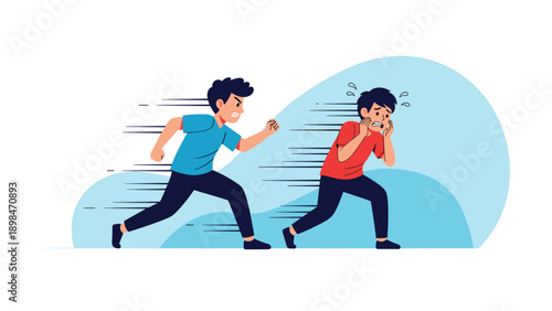 Angry boy chases after another scared boy who is running away in a scene depicting bullying or a playground conflict.