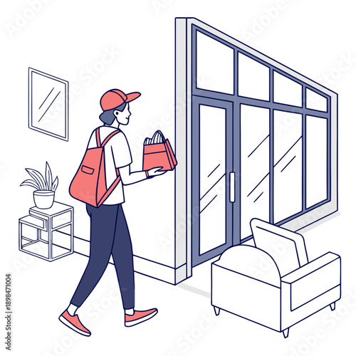 Courier delivering packages to modern living room with large window