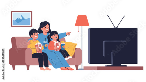 Mother and her two children sit together on a sofa while eating popcorn and watching an interesting show on a large television.