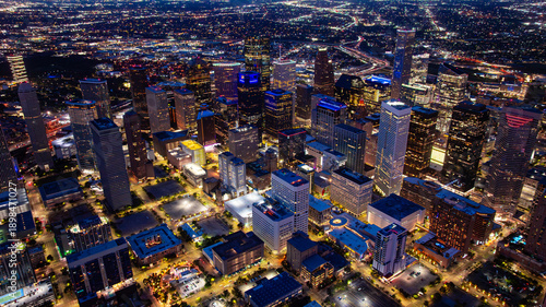 Houston downtown aerial skyline. Aerial view of downtown Houston skyscrapers and business district.