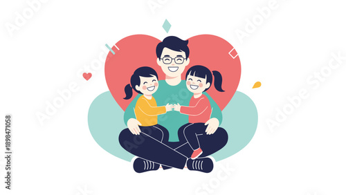 Happy father sits on the floor and embraces his two young daughters in front of a large red heart symbol of family love.
