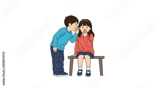 Young boy leans in to whisper a secret into a girl's ear while she reacts with a surprised expression on her face in a quiet setting.