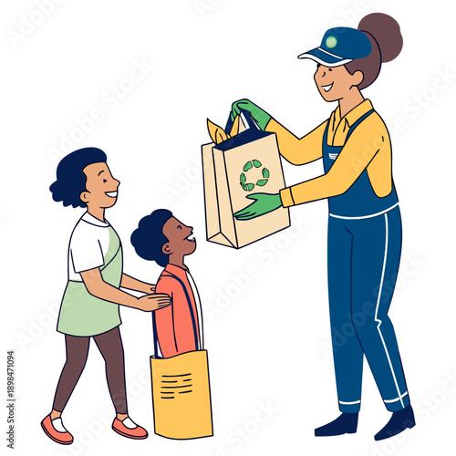 Courier handing eco friendly bags to two happy children