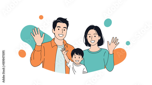 Happy family consisting of a father, mother, and young son waves cheerfully while peeking from behind a white, decorative curved frame.