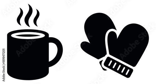 Simple graphic winter comfort set featuring a steaming mug and a pair of mittens for cold weather