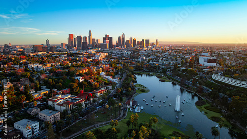 Bild auf Leinwand Echo Park Lake with LA skyline at sunset