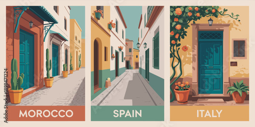 Spain Travel Destination Design with White Capital Text on Coral Banner at Bottom