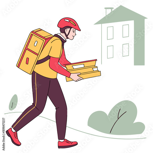 Courier wearing red helmet carries food delivery boxes to house