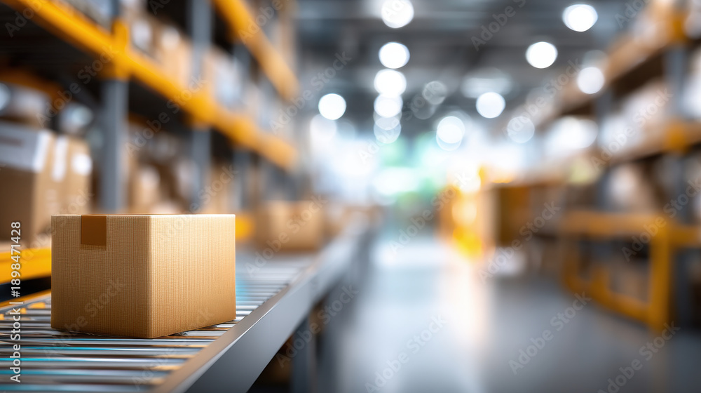 Obraz premium Cardboard box on conveyor in warehouse with blurred shelving and bokeh lighting conveying busy logistics