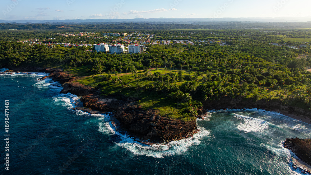 Fototapeta premium Rocky tropical coastline in Puerto Rico. Aerial view of rocky shoreline with waves and lush tropical vegetation in Puerto Rico.
