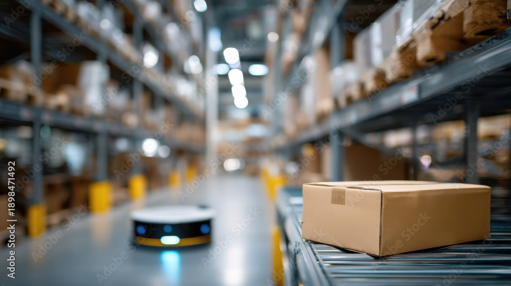Obraz premium Robotic warehouse robot and cardboard box parcel delivery in aisle with shelves