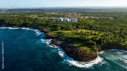 Green tropical coast Puerto Rico. Wide aerial of green tropical coast with cliffs, palm trees and blue ocean in Puerto Rico.