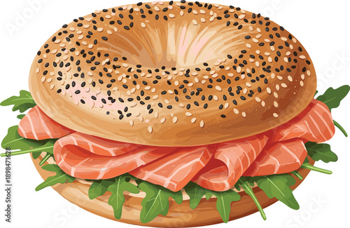 Everything bagel sandwich with smoked salmon and arugula, fresh breakfast food illustration isolated on white background