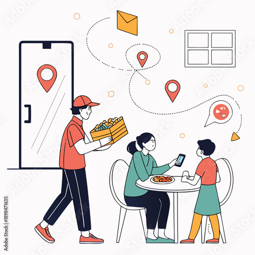 Food delivery concept with people and smartphone online ordering