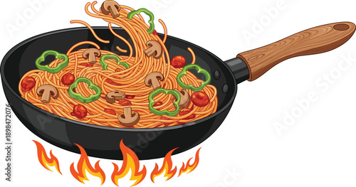 Spaghetti pasta cooking in frying pan, Italian noodle dish with vegetables mushrooms illustration isolated on white background