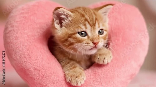 A charming orange tabby kitten nestled inside a soft pink heart-shaped cushion, curiously peeking out with wide blue eyes.
