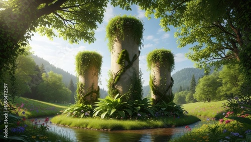 Three cylindrical pillars with growing plants symbolize nature inspired economic growth in lush, 